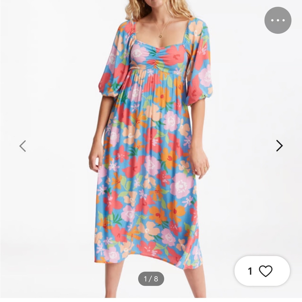 Billabong Swept Away Blue and Pink Floral Beach Surfer Travel Midi Dress Medium